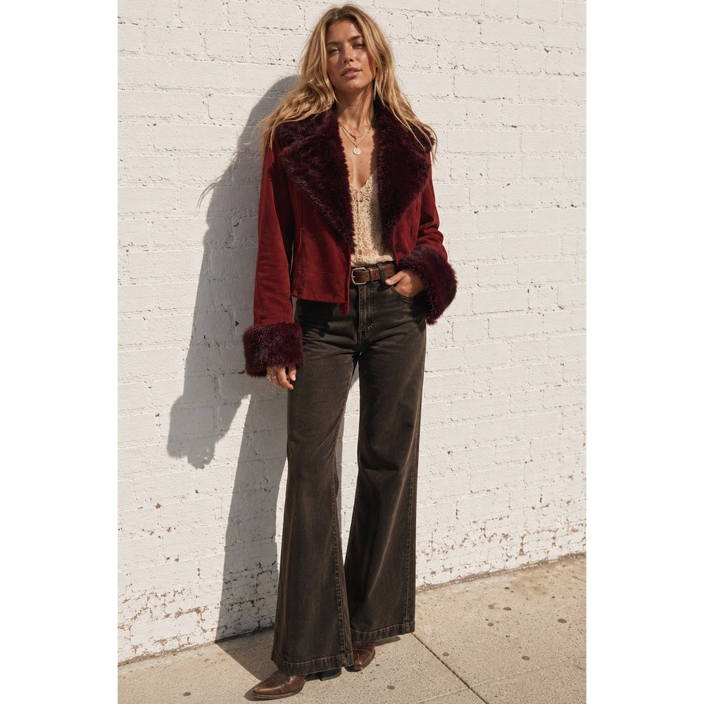 Vintage Steve Madden Red Suede Faux Fur Trim Jacket Penny Lane Boho XL